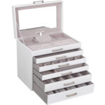 SONGMICS Ékszerdoboz MDF-ből, 6 szintes, 5 fiókos, tükörrel, 31x32x22 cm, fehér