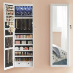 SONGMICS Ékszer szekrény tükörrel, falra szerelhető, zárható, 37x10x120cm, fehér