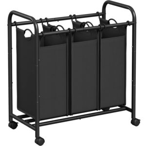 SONGMICS Szennyeskosár 3 kivehető zacskóval, kerekes fémszerkezettel, 3x44L, 77x41x82cm, fekete