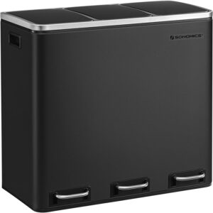 SONGMICS Rozsdamentes szemetes 3 rekeszes szelektív hulladékgyűjtővel, belső vödrökkel, 3x18 literes, fekete