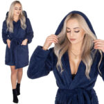 Női térdig érő fürdőköpeny kapucnival, S/M méret, sötétkék