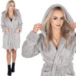 Női térdig érő fürdőköpeny kapucnival, L/XL méret, szürke
