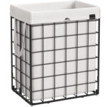 SONGMICS Összecsukható szennyeskosár fém kerettel, kivehető és mosható zacskó, 90L, 48x33x58cm, fekete-fehér