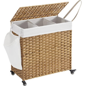 SONGMICS Cos de rufe tesut manual, cu captuseala detasabila lavabila, 3 compartimente, stil ratan, 140 litri, 66x33x60 cm, maro