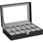 SONGMICS Óratároló és rendszerező doboz, 12 férőhelyes, műbőr, üvegtetővel, 20x30x8cm, fekete