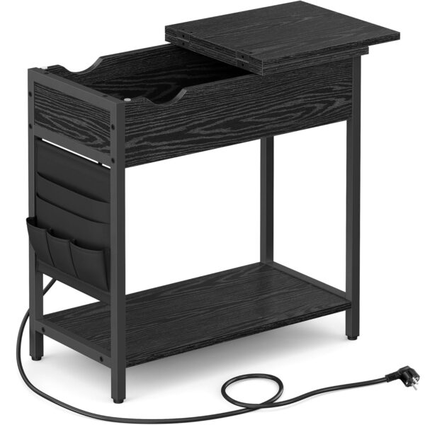 VASAGLE Összecsukható kisasztal, éjjeliszekrény típusú, aljzatokkal és USB portokkal, polccal és textiltáskával, 60x32x60 cm, fekete