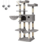 FEANDREA Macskajátszókészlet, fa típusú, 3 ággyal, függőággyal és búvóhellyel, 50x50x164cm, világosszürke