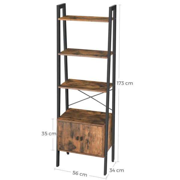 VASAGLE Létra típusú könyvespolc, szekrénnyel és 4 db MDF polccal, ipari stílusú, 34x56x172cm, rusztikus barna és fekete - Image 8