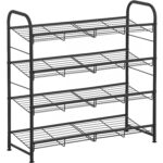 SONGMICS Cipős szekrény 4 tárolópolccal, fém, állítható dőlésszögű polcok, 28x69x65cm, fekete