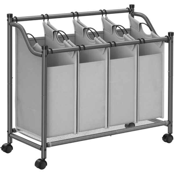 SONGMICS Szennyeskosár 4 kivehető zacskóval, kerekes fém szerkezet, 4x35L, 87x38x81cm, szürke