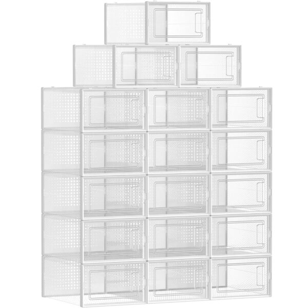 SONGMICS Cipős dobozok, 18 db egymásra rakható rendszerező készlet, ellenálló szerkezetű ABS, 34x23x14cm, átlátszó
