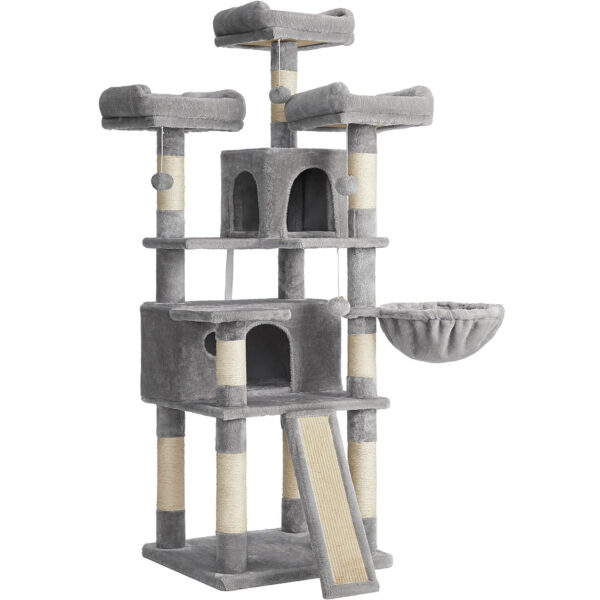 FEANDREA Ansamblu de joaca pentru pisici, tip copac, cu 4 culcusuri si 2 ascunzatoare, 54x49x169cm, gri