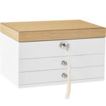 SONGMICS Ékszerdoboz 3 szintes, 2 fiókos, tükrös fedél, 17x25x15cm, fehér és barna