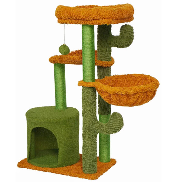 Ansamblu de joaca pentru pisici, model cactus, ascunzatoare, culcus, 47x47x90 cm, verde si portocaliu