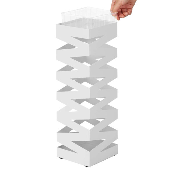 SONGMICS Fém esernyőtartó, akasztókkal és csepptálcával, 15x15x49cm, fehér - Image 4