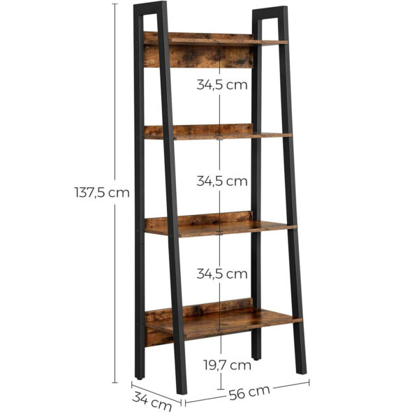 VASAGLE Létras típusú könyvespolc, acél keret 4 db MDF polccal, ipari stílusú, 56x34x138cm, rusztikus barna és fekete - Image 10