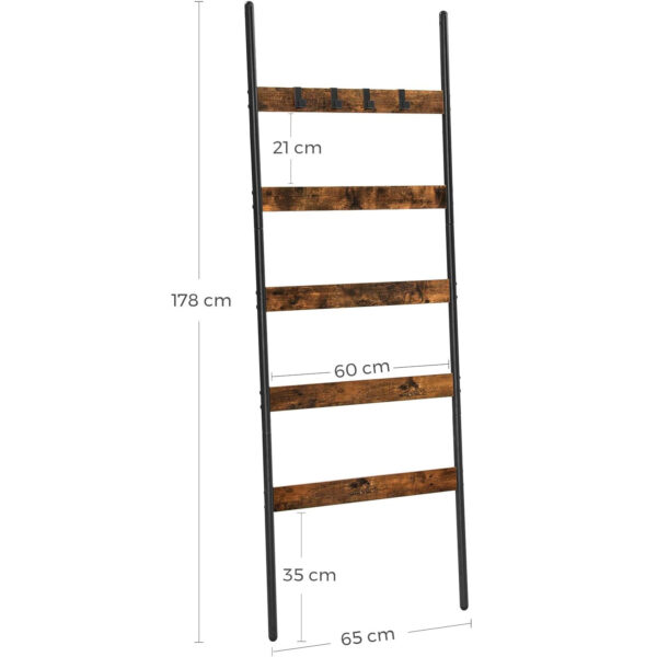 VASAGLE Fürdőszoba akasztós típusú ferde létra, acél váz 5 szintes, kivehető akasztók, 65x178cm, rusztikus barna és fekete - Image 11