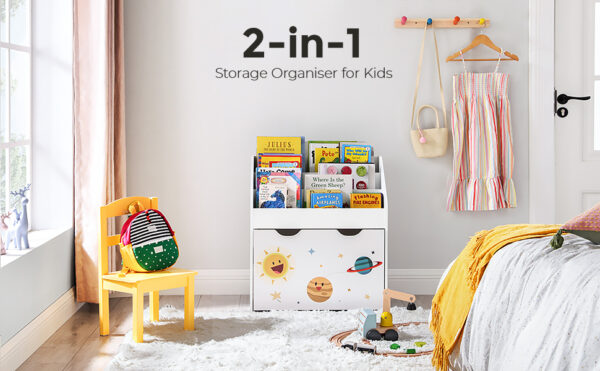SONGMICS Organizator de jucarii si carti pentru copii, multifunctional, cutie detasabila cu roti, 63x30x70cm, alb - Image 2