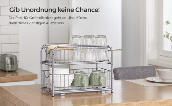 SONGMICS Raft organizator de depozitare cu 2 niveluri, cu sertare glisante, pentru bucatarie sau baie, 21x37x34cm, argintiu - Image 2