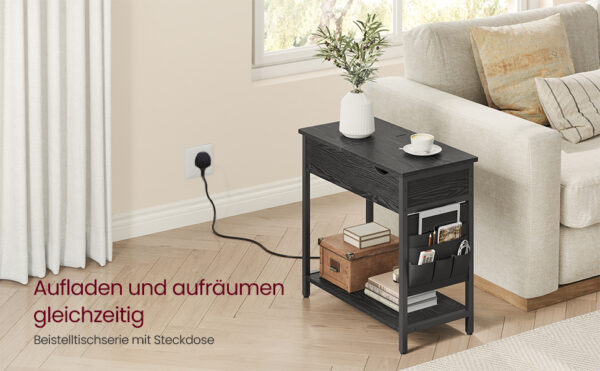 VASAGLE Összecsukható kisasztal, éjjeliszekrény típusú, aljzatokkal és USB portokkal, polccal és textiltáskával, 60x32x60 cm, fekete - Image 2