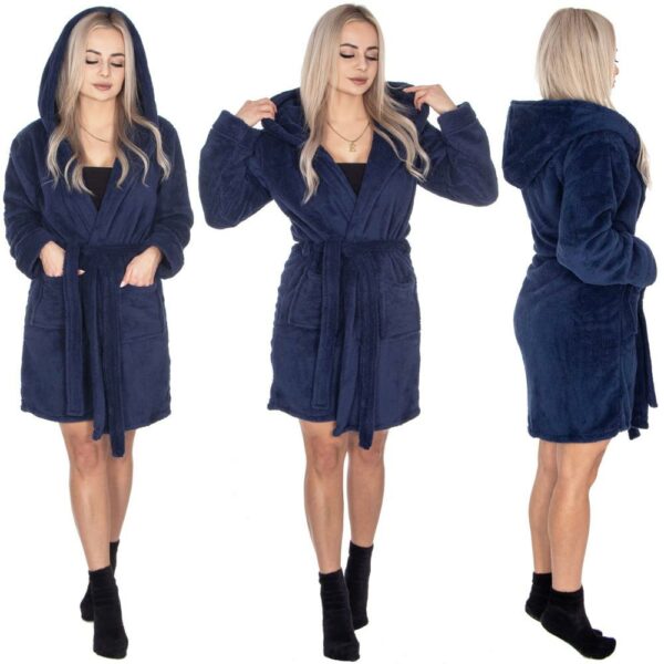 Női térdig érő fürdőköpeny kapucnival, L/XL méret, sötétkék - Image 2