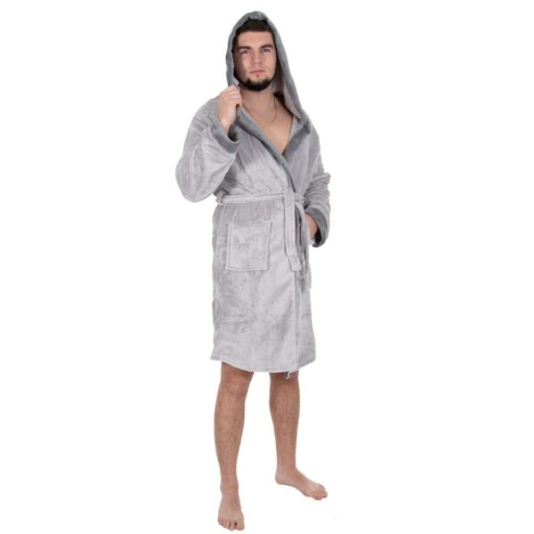 Térdig érő férfi fürdőköpeny, nagy kapucni, M/L méret, szürke - Image 2
