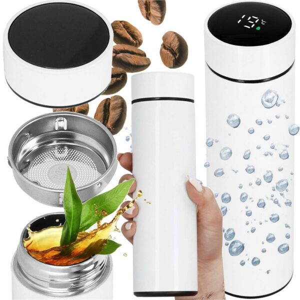 Okos termosz bögre, rozsdamentes acél, LED kijelző, hőmérséklet kijelző, 500ml, 23cm, fehér - Image 2