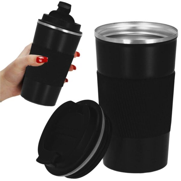 Termosz utazóbögre, dupla szigetelésű rozsdamentes acél fal, 500ml, 9x16,5cm, fekete - Image 2