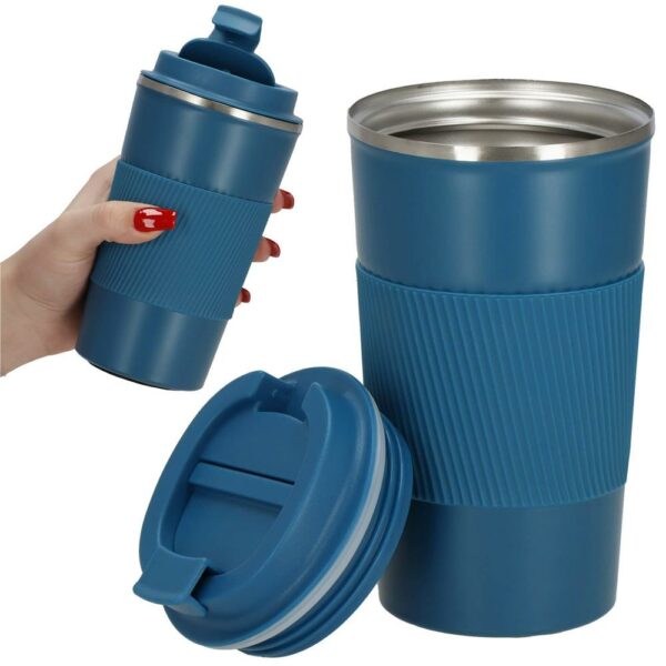 Termosz utazóbögre, dupla szigetelésű rozsdamentes acél fal, 500ml, 9x16,5cm, kék - Image 2