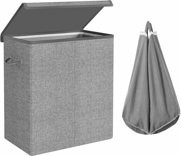 SONGMICS Textil szennyeskosár, összecsukható, 2 rekeszes, kivehető zacskók, 142L, 60x36x66cm, szürke - Image 2