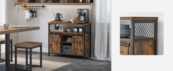 VASAGLE Comoda pentru living sau bucatarie, cu 2 usi glisante, rafturi reglabile, stil rustic, 33x100x80cm, maro si negru - Image 8