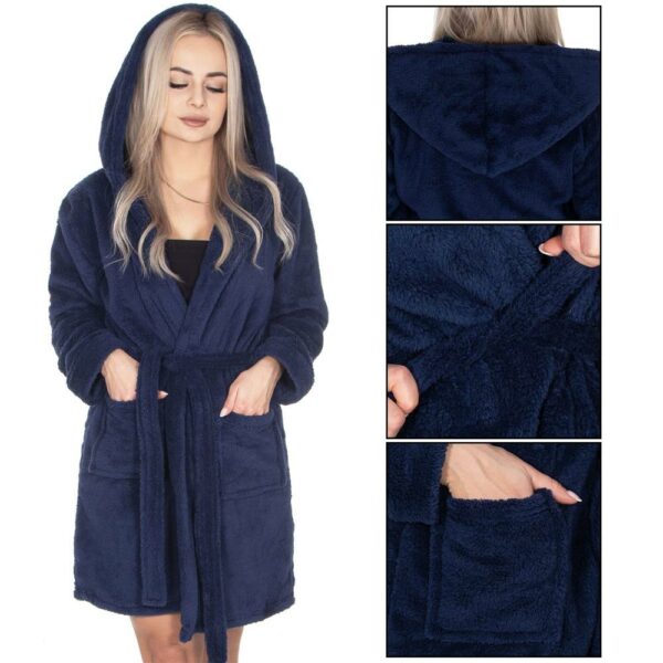 Női térdig érő fürdőköpeny kapucnival, L/XL méret, sötétkék - Image 12