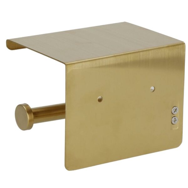Suport hartie igienica din otel cu raft depozitare, sistem montare inclus, 13.5cm, auriu perlat - Image 11