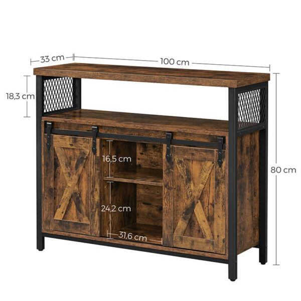 VASAGLE Comoda pentru living sau bucatarie, cu 2 usi glisante, rafturi reglabile, stil rustic, 33x100x80cm, maro si negru - Image 9