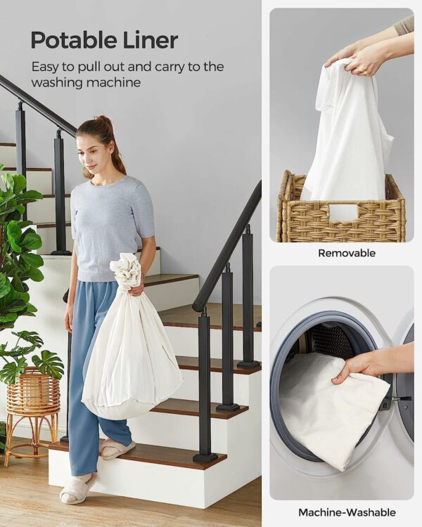 SONGMICS Cos de rufe tesut manual, cu captuseala detasabila lavabila, 3 compartimente, stil ratan, 140 litri, 66x33x60 cm, maro - Image 13