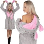 Térdig érő női fürdőköpeny, füles kapucni, L/M méret, szürke és rózsaszín árnyalatok