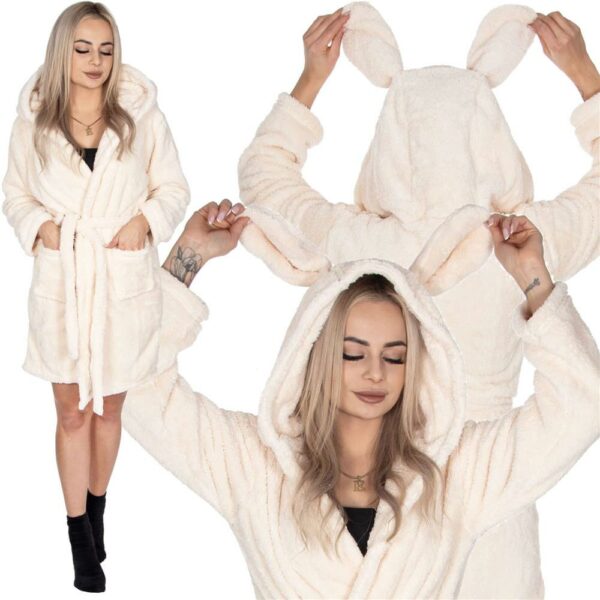 Női térdig érő fürdőköpeny, füles kapucni, L/XL méret, bézs - Image 14