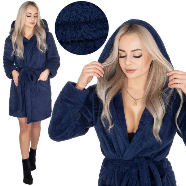Női térdig érő fürdőköpeny kapucnival, L/XL méret, sötétkék - Image 16