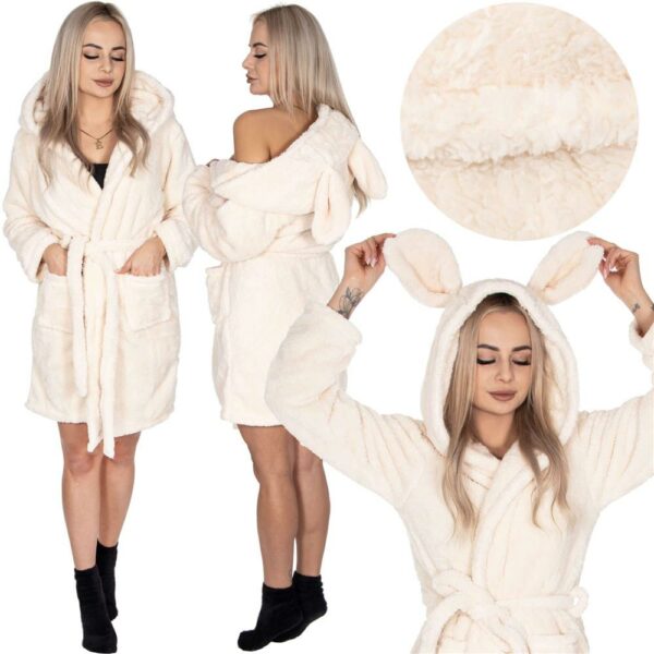Női térdig érő fürdőköpeny, füles kapucni, L/XL méret, bézs - Image 15