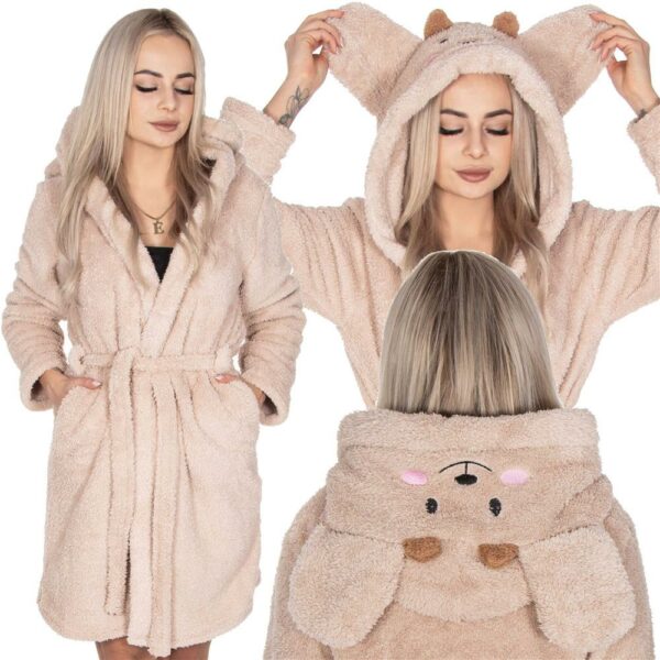 Női térdig érő fürdőköpeny, füles kapucni, L/XL méret, bézs - Image 14