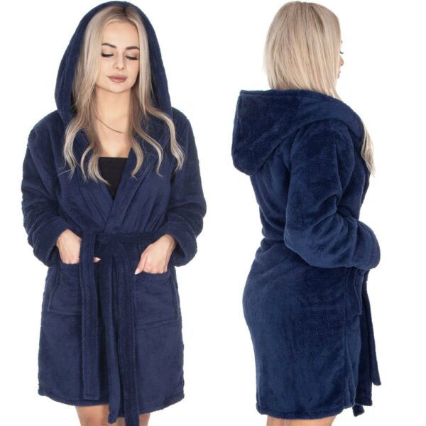 Női térdig érő fürdőköpeny kapucnival, L/XL méret, sötétkék - Image 18