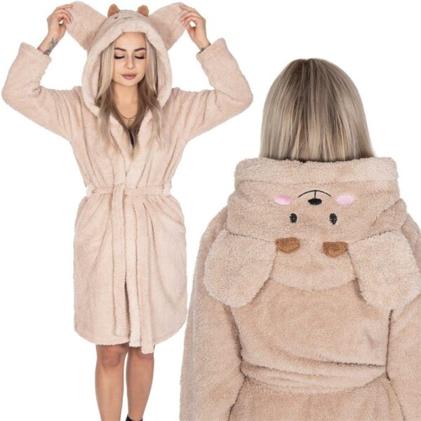 Női térdig érő fürdőköpeny, füles kapucni, L/XL méret, bézs - Image 15