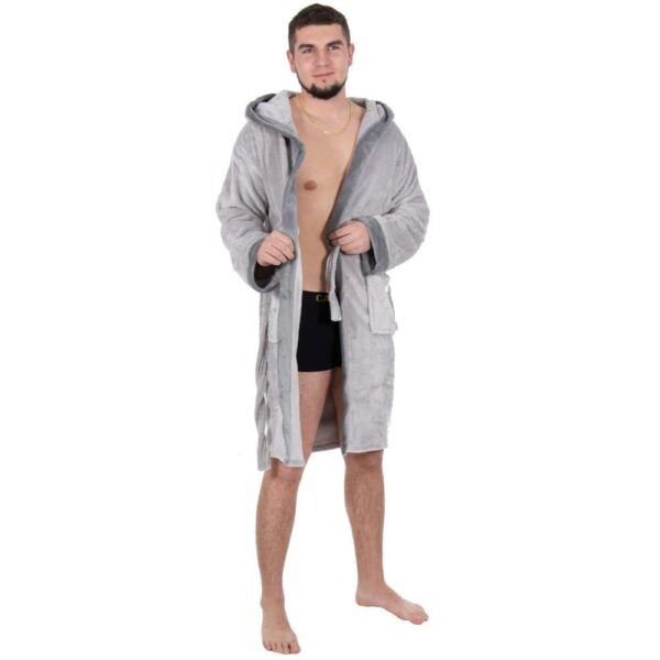 Térdig érő férfi fürdőköpeny, nagy kapucni, M/L méret, szürke - Image 18
