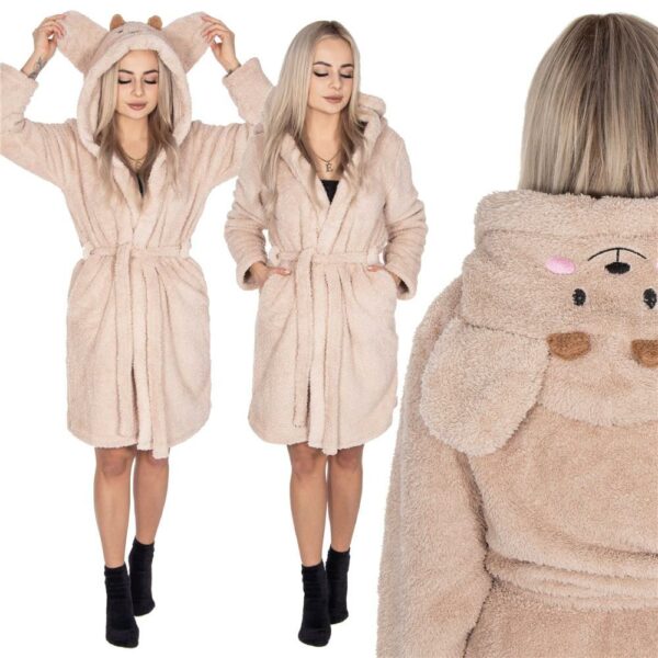Női térdig érő fürdőköpeny, füles kapucni, L/XL méret, bézs - Image 16