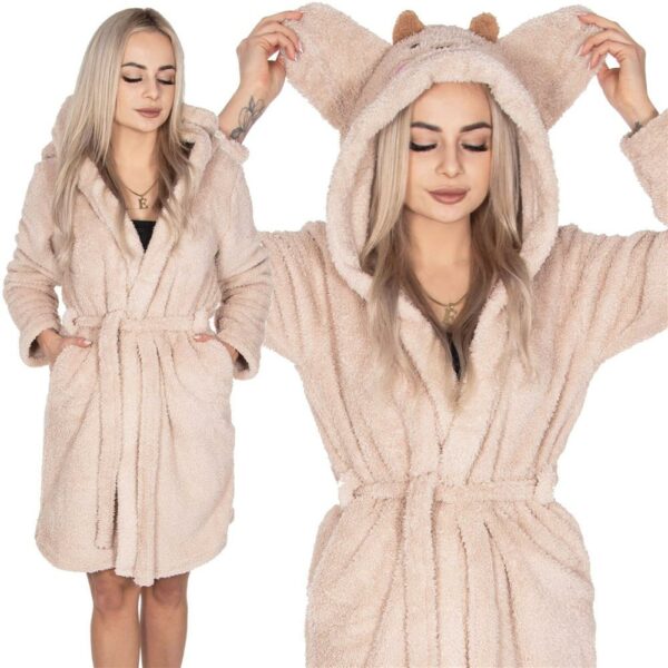 Női térdig érő fürdőköpeny, füles kapucni, L/XL méret, bézs