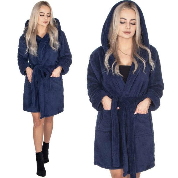 Női térdig érő fürdőköpeny kapucnival, L/XL méret, sötétkék - Image 20