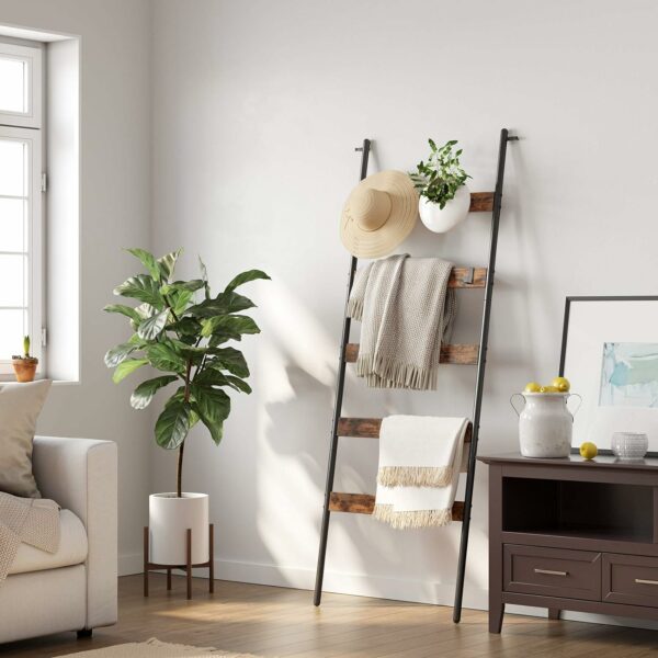 VASAGLE Fürdőszoba akasztós típusú ferde létra, acél váz 5 szintes, kivehető akasztók, 65x178cm, rusztikus barna és fekete - Image 2