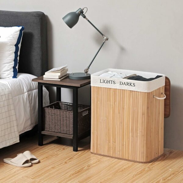 RESIGILAT: SONGMICS Cos de rufe din bambus cu capac, 2 compartimente, sac detasabil, volum 100L, 52x32x62cm, maro - Image 3