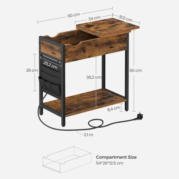 VASAGLE Összecsukható kisasztal, éjjeliszekrény típusú, aljzatokkal és USB portokkal, polccal és textiltáskával, 60x32x60 cm, rusztikus barna - Image 2