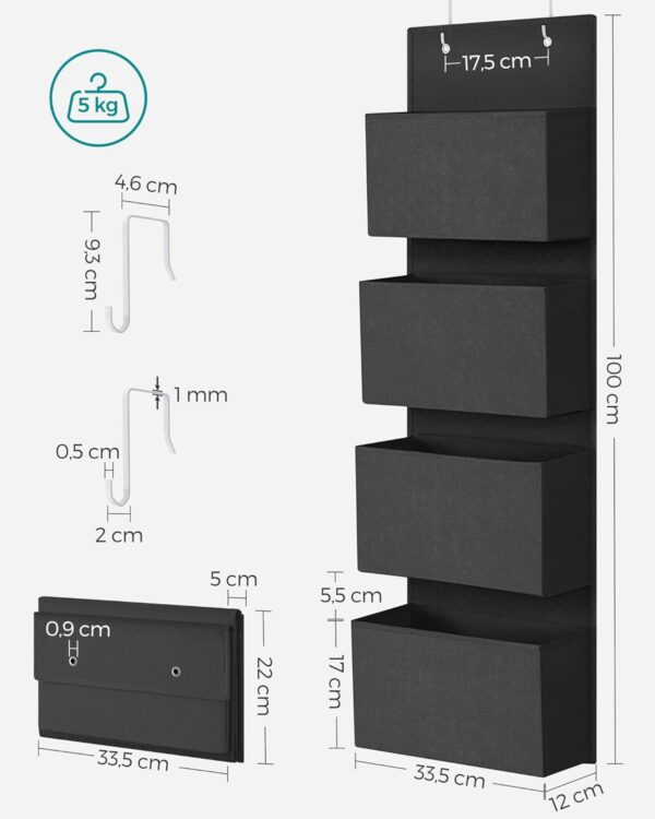 SONGMICS Organizator de depozitare pentru usa sau dulap, 4 buzunare, 12x34x100cm, negru - Image 2